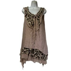 Pretty Angel Beige Leopard Layered Ruffle Boho Dress Women’s Size M Boho Revival